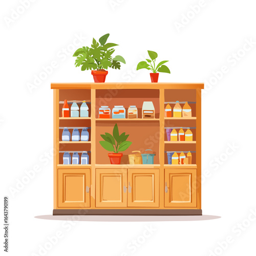 Pantry shelves filled with jars, bottles, containers, and potted plants illustration.