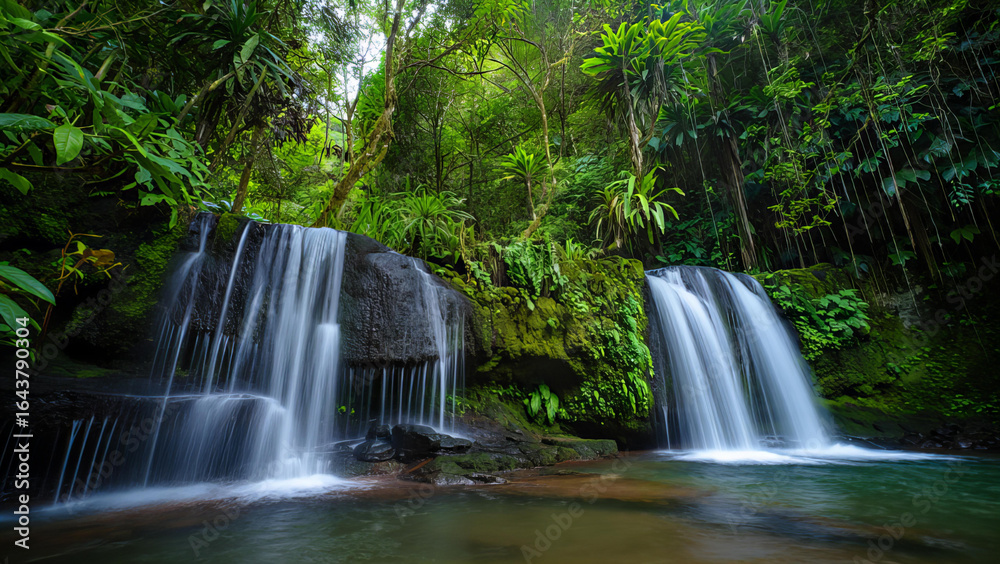 Obraz premium Lush green jungle with twin waterfalls cascading into a clear pool