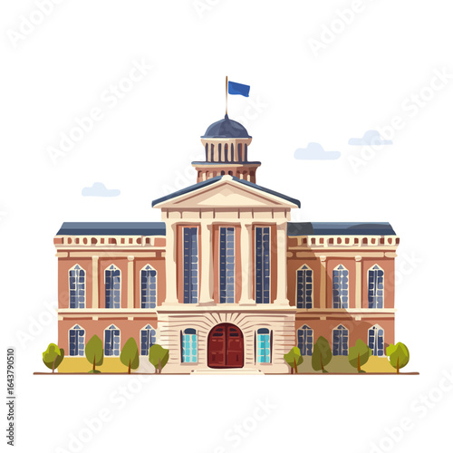 Stylized Building Facade with Columns and Flag against Black Background, Public Institution Concept