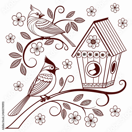 birds on a branch with a birdhouse and flowers
