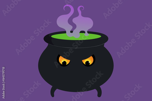 Spooky halloween witchs cauldron with glowing eyes and purple smoke