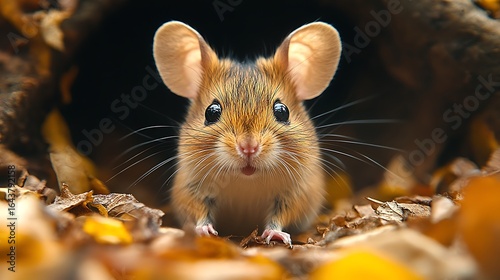 Curious mouse in autumn leaves