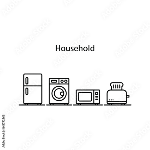 Household appliances in minimalist line art style on white background  