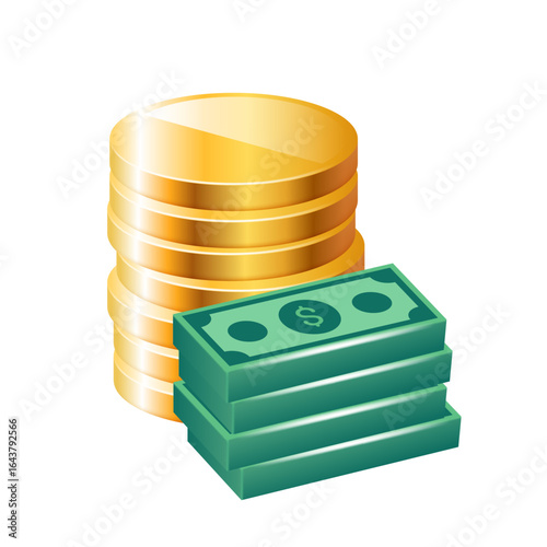 Gold coins and stacks with cash. Vector illustration isolated on white background.