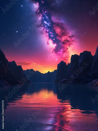 dramatic night sky, vibrant colorful clouds, glowing sunset reflected in calm lake, silhouetted rocky mountains, ethereal otherworldly landscape, intricate details, cinematic mood, highly detailed

