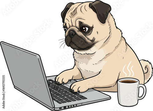 Cute Working Pug Dog Clipart Vector Illustration of Adorable Tan Pug Using Laptop with Coffee Cup