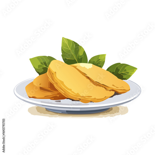 Empanadas served on a plate, garnished with basil leaves.  A savory pastry illustration for food concepts and culinary backgrounds.
