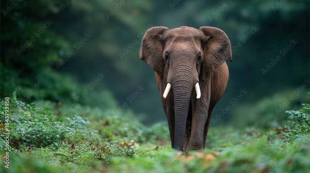 Fototapeta premium A majestic elephant walking through a dense green forest, showcasing its natural habitat. The scene evokes a sense of tranquility and wildlife beauty.