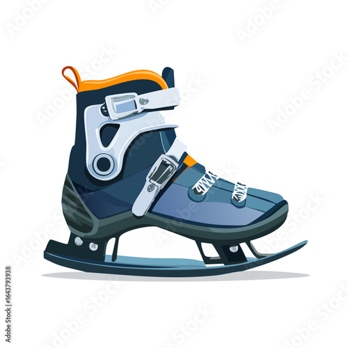 Blue ice skate with buckles and metal blade for winter ice skating activity