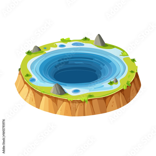Blue hole isometric island illustration concept for graphic designs and game assets Deep sinkhole in water with grass and rocks cartoon art