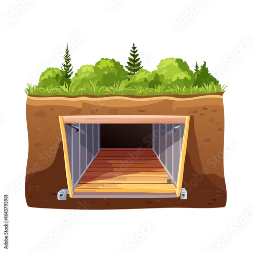 Underground bunker entrance cartoon illustration hidden shelter design
