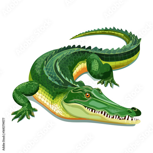 Illustration of a green crocodile with sharp teeth on a black background