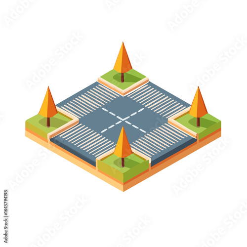 Isometric crosswalk intersection with trees urban landscape street illustration