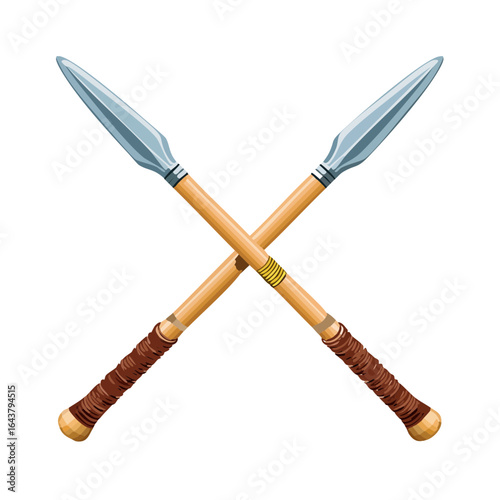 Crossed spears with sharp metal points wooden handles isolated against black background