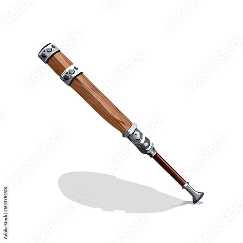 Handheld telescope cartoon illustration for exploration discovery navigation travel searching guidance. Isolated vintage spyglass artwork.