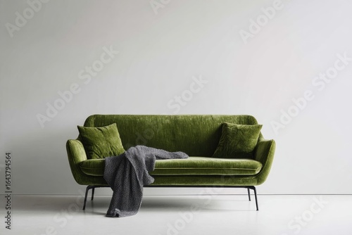 Olive green velvet sofa with dark gray throw blanket sits against a minimalist white wall.  Black metal legs are visible