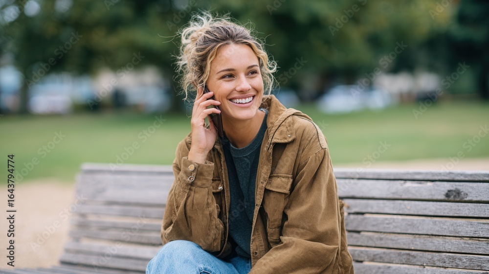 Fototapeta premium A young woman with curly hair sits on a bench in a park, smiling while talking on her smartphone. The scene conveys a relaxed and cheerful mood.