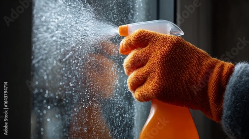 Hand sprays cleaning agent onto window surface