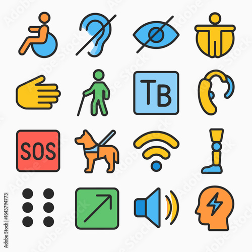 Disability icons represent access support service universal design