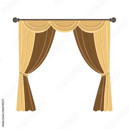 Draped curtains on a rod, tied back with decorative folds, in shades of tan and brown, against a dark backdrop.