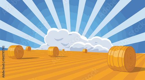 Golden wheat field with haystacks under a blue sky with sunburst, rural harvest vector illustration.