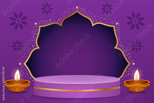 Festive purple stage for Diwali with traditional Indian oil lamps dhya, golden ornamental backdrop, glowing lights and round podium for product presentation or greetings.