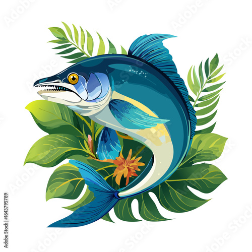 Blue Marlin Leaping Tropical Foliage Illustration Decorative Fish Artwork
