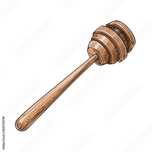 Hand drawn wooden honey dipper isolated on black background sketch style kitchen tool