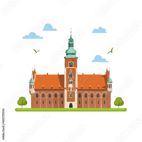 Colorful cartoon illustration of a European city hall with a tower and clock.