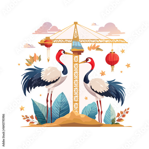 Elegant cranes stand before a construction crane and paper lanterns in a colorful, stylized design against a black backdrop.
