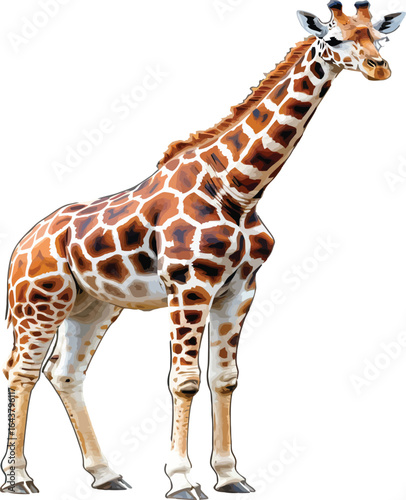 Detailed illustration of a standing giraffe, isolated wildlife animal graphic element on white background