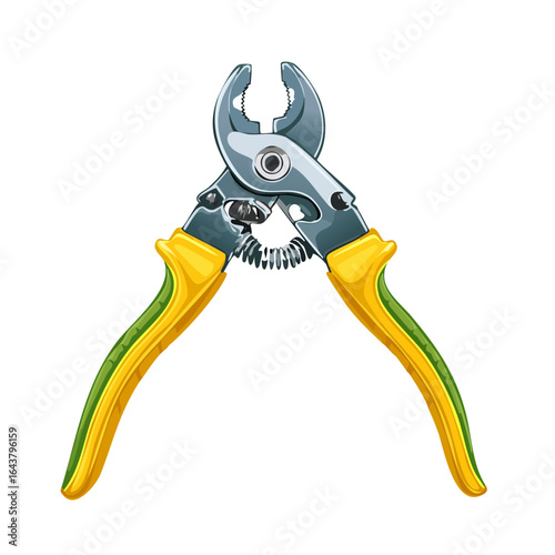 Illustration of metal wire strippers with yellow and green handles on a black backdrop.