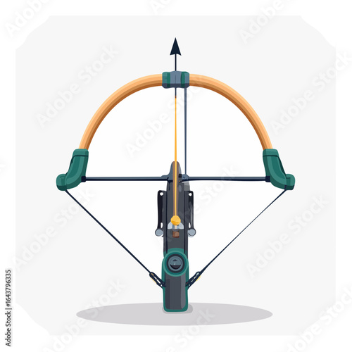 Crossbow illustration with arrow, string, and sight ready for hunting or sport shooting on white background.