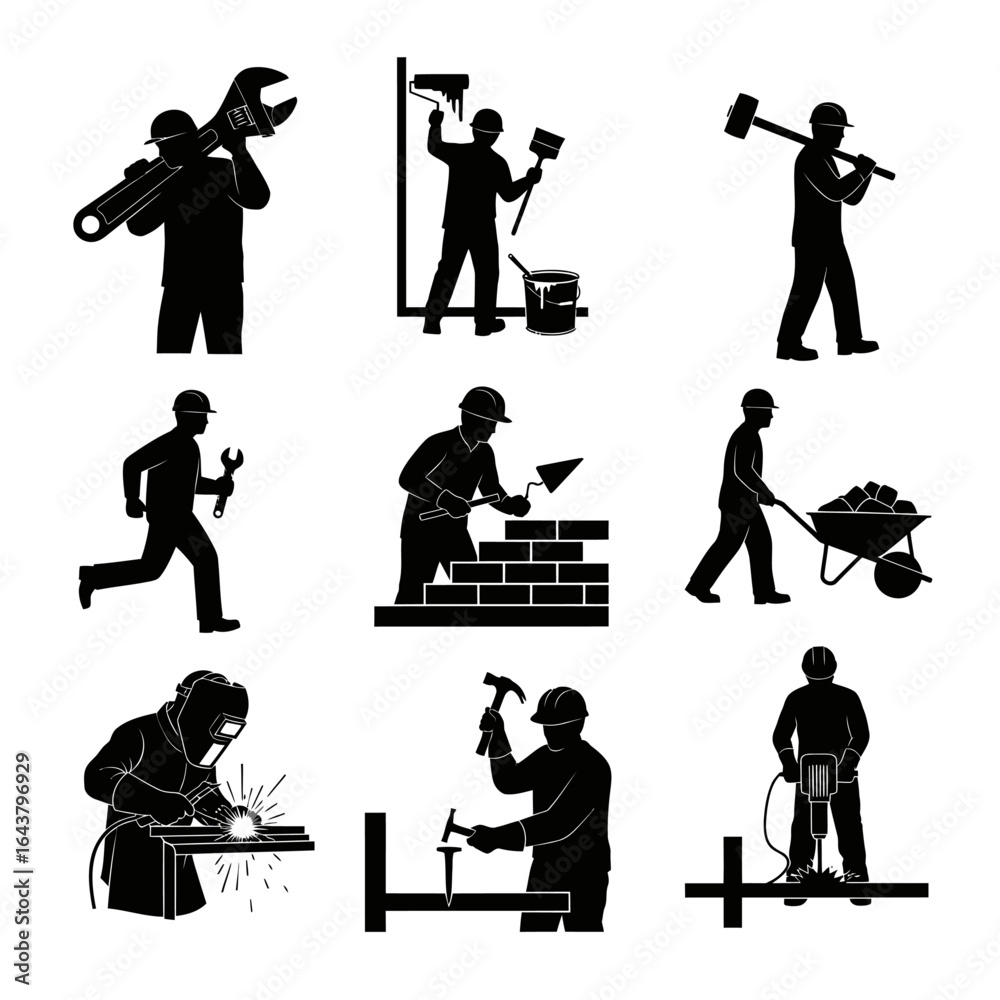 Obraz premium Handyman and Builder Activities Icon Collection. Welding, Painting, Drilling, and Building.