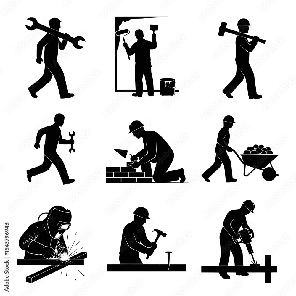 Obraz premium Handyman and Builder Activities Icon Collection. Welding, Painting, Drilling, and Building.