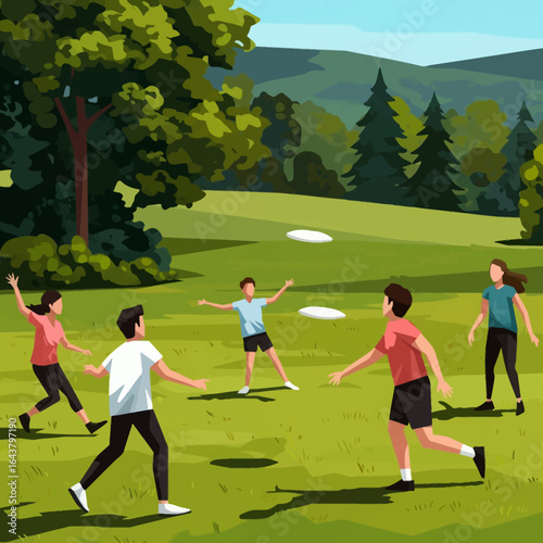 People playing frisbee outdoors Sunny day in park Active lifestyle and recreation high quality professional