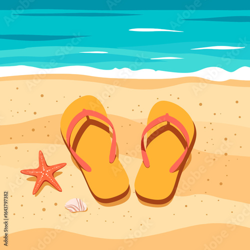 A pair of yellow flip-flops with a starfish and seashell on a sandy beach by the ocean.