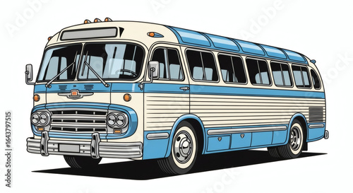 Detailed Cartoon Style Retro Blue and Cream Bus Transportation Illustration