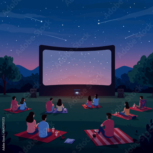 People are enjoying an outdoor movie night, sitting on blankets under a starry sky with mountains in the background.