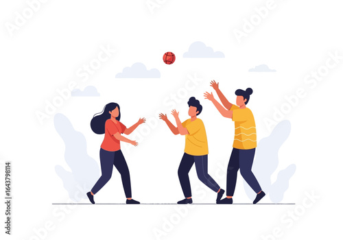 Three people playing ball in outdoor scene. Ideal for promoting outdoor activities, team sports, leisure time, and recreational products.