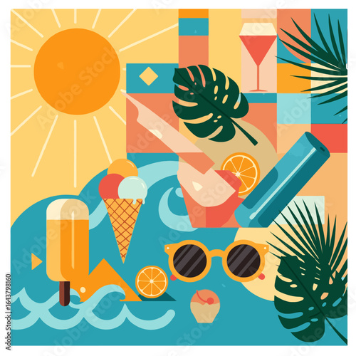 Summer still life geometric style tropical elements bright colors poolside party high quality professional