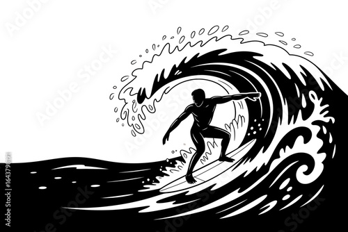 Monochrome Surfer Riding a Majestic Wave Illustration for Ocean Adventure and Sports Enthusiasts