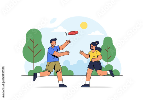 Two people playing frisbee outdoors, enjoying the sunshine and trees. Great for summer activities, outdoor games, recreational sports themes.