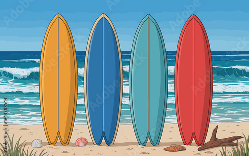 Colorful Surfboards Standing on Beach Sand with Ocean Waves and Blue Sky in the Background Ideal for Summer Vacation