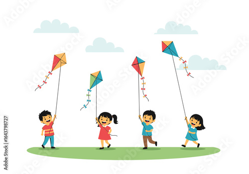 Children fly colorful kites under a partly cloudy blue sky, perfect for summerthemed designs, ads, and website banners.