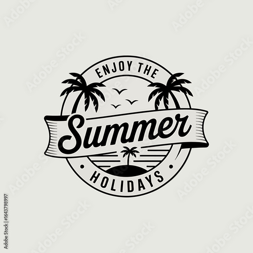 Summer Holiday Vacation Retro Badge Design with Palm Trees and Birds Enjoy the Season for Travel and Tourism Promotion