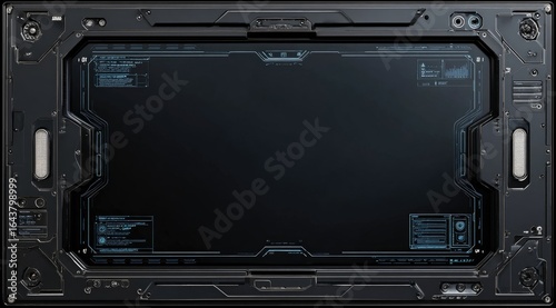 Futuristic dark grey metallic frame encloses a blank, rectangular screen with subtle blue digital interface elements around its edges