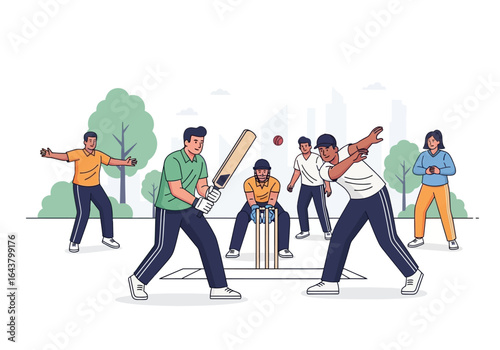 People enjoying a game of cricket in a park with lush trees in the background. Ideal for sports, outdoor activity, and leisure concepts.