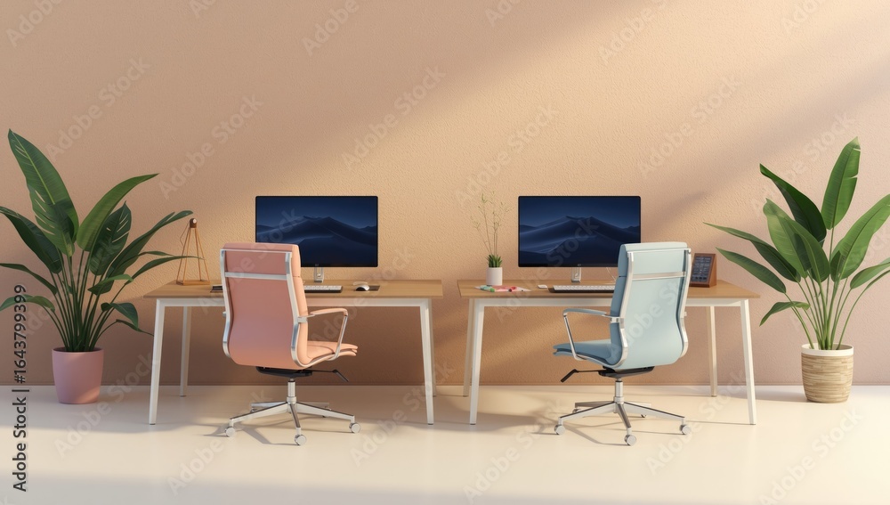 Fototapeta premium Modern minimalist office space featuring two desks with computers and ergonomic chairs amidst lush green plants