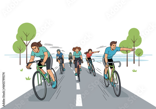 Cyclists ride along a treelined road, perfect for outdoor recreation, cycling, nature, fitness, travel, sport, biking, active lifestyle themes.